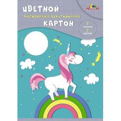 Цветной двусторонний мелованный картон Единорог, А4, 7 листов, 7 цветов