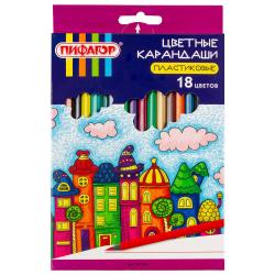 Карандаши цветные Пифагор Сказочный город, 18 цветов, черный пластик, заточенные